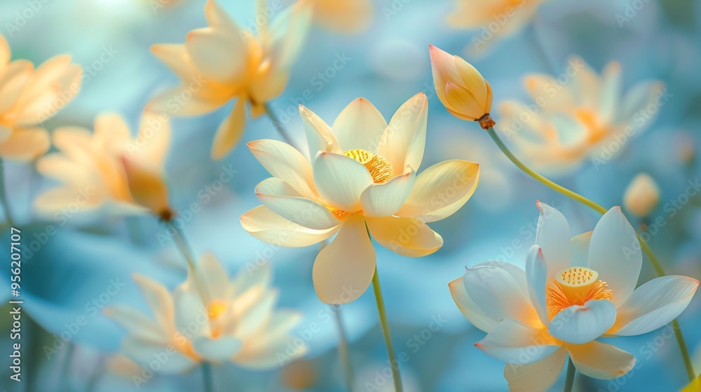 07231249 590. Elegant close-up of glowing yellow lotus flowers set against a smooth blue background, creating a vibrant and harmonious visual effect 07231249 590. Elegant close-up of glowing yellow lotus flowers set against a smooth blue background, creating a vibrant and harmonious visual effect