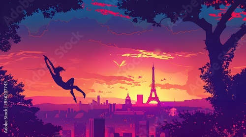 A gymnast performing a dismount, with the Eiffel Tower visible, captured in vibrant vector style.