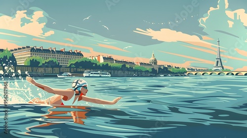A swimmer racing in the Seine, with Parisian landmarks in the background, depicted in clean vector design.