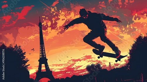 A skateboarder performing tricks, with the Eiffel Tower visible, illustrated in modern vector art.