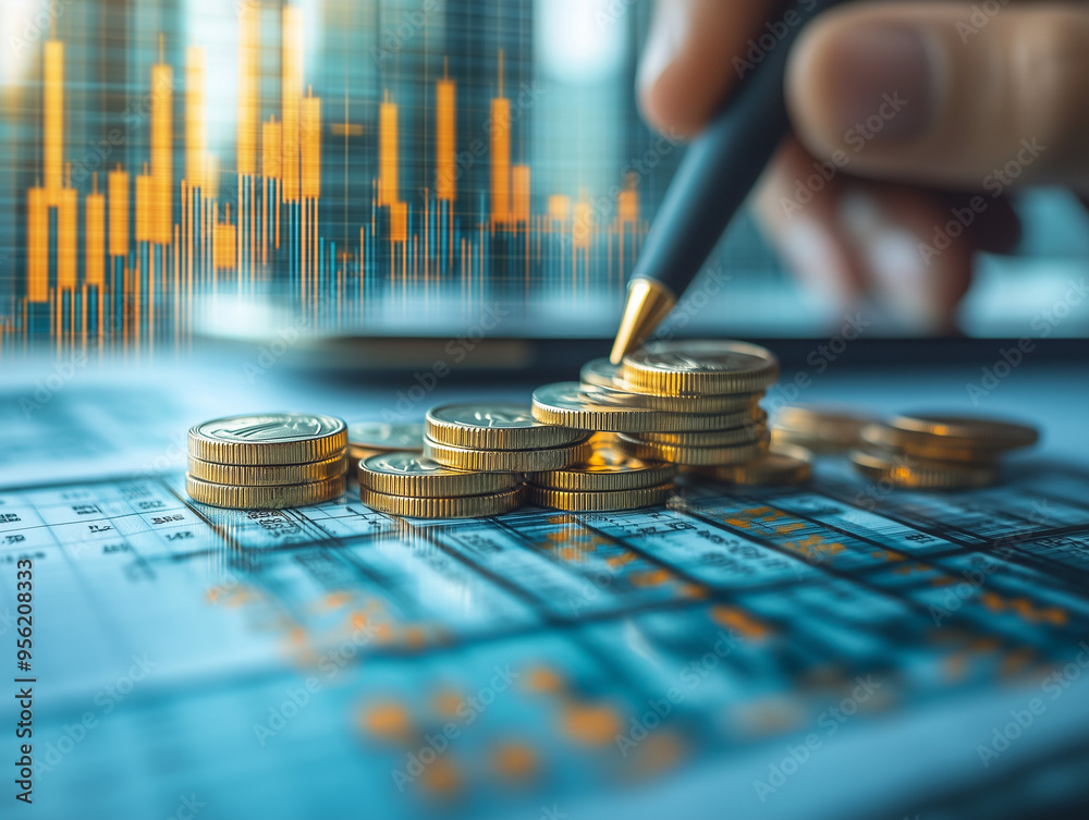 Coins Stack and Stock Graphic sheet with Pen, blur building background.