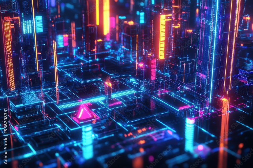 A vibrant, futuristic cityscape with neon lights and digital elements.