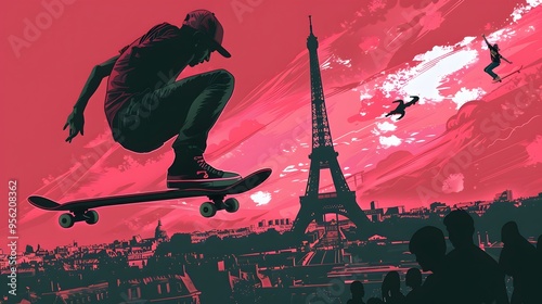 A skateboarder performing tricks, with the Eiffel Tower visible, illustrated in modern vector art.