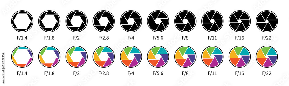 Camera lens diaphragm collection. Aperture icon symbol set in black and colors. Camera lens diaphragm row with aperture value numbers. Shutter camera aperture lens icon set. Different style.