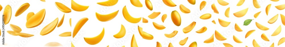 Specimen of a yellow mango falling onto a white background, isolated Specimen of a yellow mango falling onto a white background, isolated
