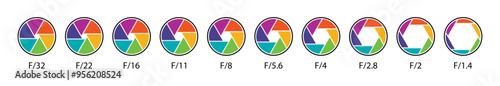 Camera lens diaphragm collection. Aperture icon symbol set in different colors. Camera lens diaphragm row with aperture value numbers. Shutter camera aperture lens icon set in. Vector illustration.
