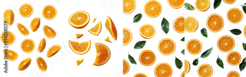 An orange slice falling on a white background, clipped path, and full depth of field are visible
