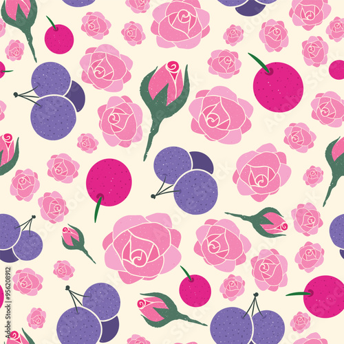 Roses and berries seamless pattern illustration design