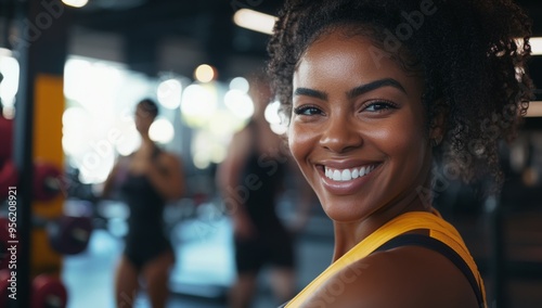 close-up photo of black woman is smiling while working out on an exercise in the gym