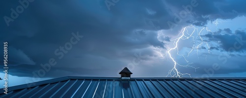 Dramatic lightning storm over metal roof photo