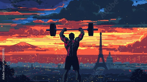 A weightlifter lifting at a Paris venue, with the Eiffel Tower visible, rendered in refined vector art.