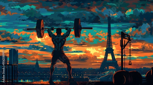 A weightlifter lifting at a Paris venue, with the Eiffel Tower visible, rendered in refined vector art.