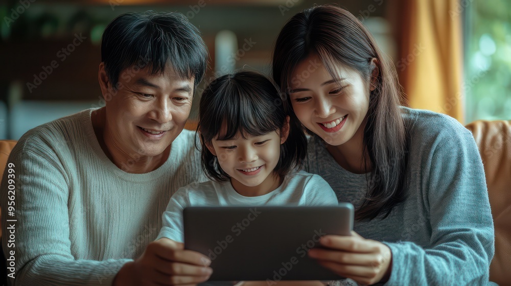 An Asian family using a shared app to coordinate extracurricular activities, ensuring both parents are involved in decision-making. An Asian family using a shared app to coordinate extracurricular activities, ensuring both parents are involved in decision-making.