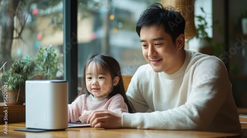 An Asian father using a voice assistant to remind him of his child's school pickup time, demonstrating tech integration in parenting.