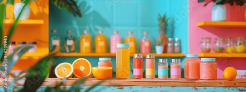 Colorful juice bottles displayed on vibrant shelves in a tropical setting.