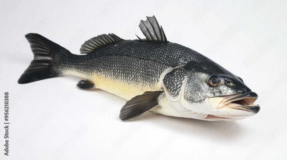 Unique sea bass on an isolated white backdrop studio shot with high detail Unique sea bass on an isolated white backdrop studio shot with high detail