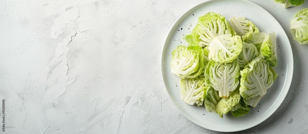 Obraz premium Top view of sliced fresh cabbage on white plate isolated on a white background with copy space image showcasing the benefits of this healthy vegetable in a flat lay composition