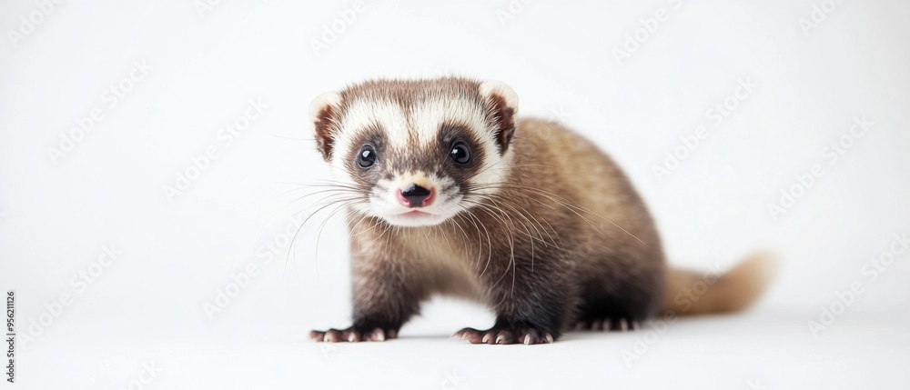 Lovely ferret captured in a studio setting against a white backdrop highlighting its unique features Lovely ferret captured in a studio setting against a white backdrop highlighting its unique features