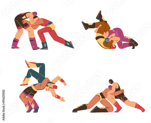 A set of vector icons depicting wrestlers in a duel, demonstrating the techniques of freestyle and Greco-Roman wrestling.