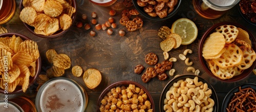 Flat lay image with various refreshment options like chips nuts and pretzels on beer stands providing a range of choices featuring copy space