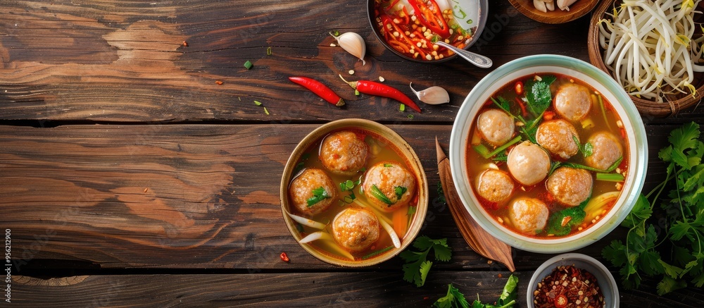 Delicious Indonesian specialty fresh vegetable soup with meatballs chili sauce and side dishes ideal for a copy space image Delicious Indonesian specialty fresh vegetable soup with meatballs chili sauce and side dishes ideal for a copy space image