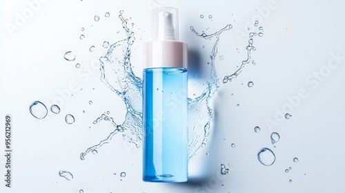 A hydrating face mist bottle mockup with a soft gradient from blue to clear, surrounded by splashes of water and floating droplets.