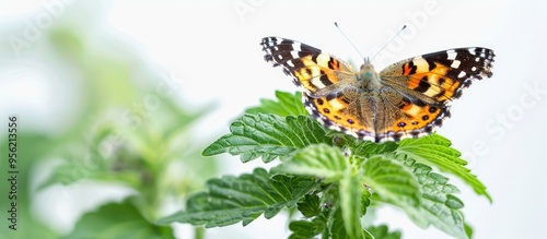 A Painted Lady butterfly on a green catnip leaf with a white copy space image photo