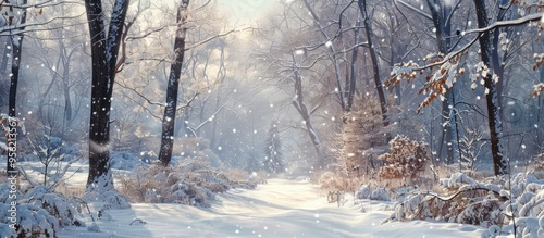 Witness the enchantment of the winter s first snowfall as the trees turn into a picturesque winter wonderland capturing memories against the stunning snowy backdrop in a copy space image photo