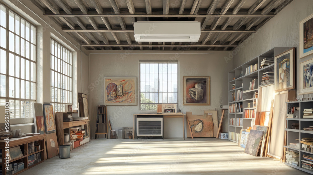 A spacious art studio featuring large windows, wooden beams, and various artworks displayed on floor and shelves, creating creative and inspiring atmosphere. A spacious art studio featuring large windows, wooden beams, and various artworks displayed on floor and shelves, creating creative and inspiring atmosphere.