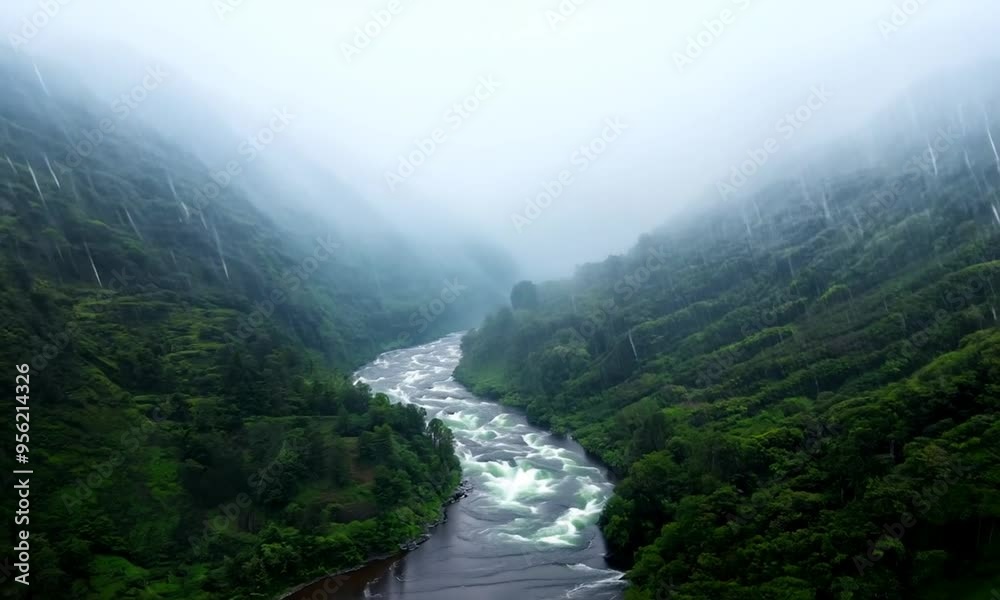 A winding river cutting through a lush, rain-soaked valley. The rain creates a mist that hovers above the water, and the landscape is rich with deep greens and the occasional flash of lightning. The s A winding river cutting through a lush, rain-soaked valley. The rain creates a mist that hovers above the water, and the landscape is rich with deep greens and the occasional flash of lightning. The s