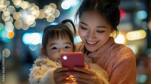 Asian mother checking her phone for updates on her childs activities and communicating with the co-parent seamlessly. photo