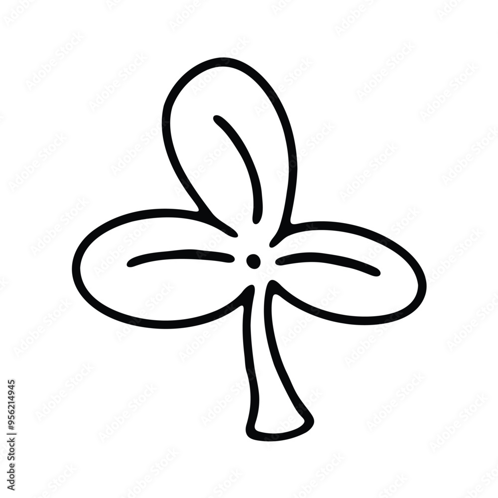 A black and white minimalist illustration of a clover leaf with three distinct petals. A black and white minimalist illustration of a clover leaf with three distinct petals.