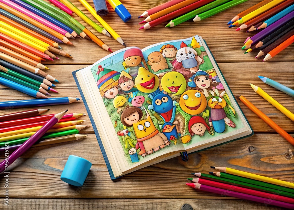 Naklejka premium A brightly colored, partially filled drawing book lies open on a wooden desk, surrounded by scattered pencils, erasers, and sketches of playful cartoon characters.
