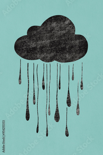 Rain drops falling from black cloud over teal background