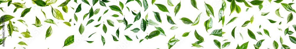 An isolated mango leaf falls onto a white background, selectively focused An isolated mango leaf falls onto a white background, selectively focused