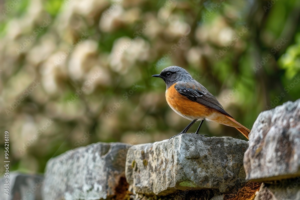 A vivid image of a common redstart perched on a stone wall, with its tail fanned out