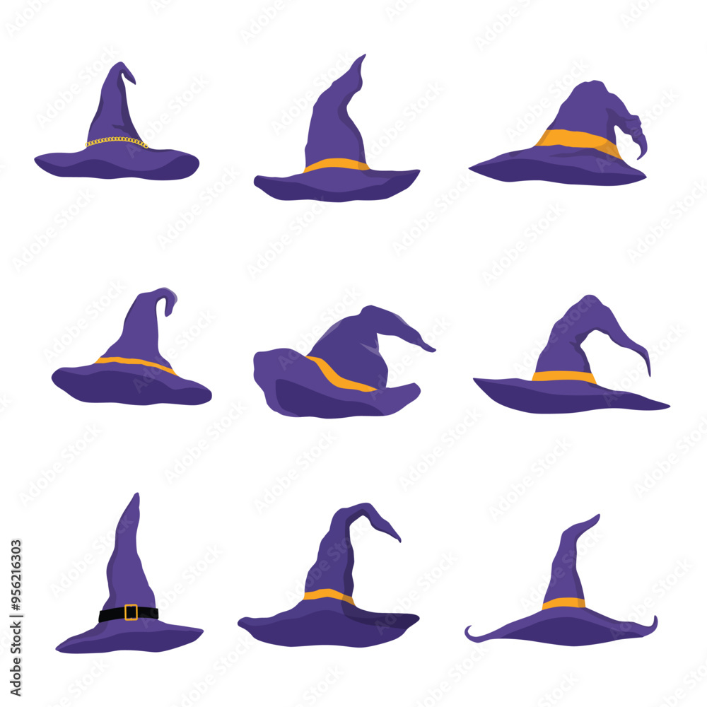 Violet cartoon witch hats. Halloween party costume hats Violet cartoon witch hats. Halloween party costume hats
