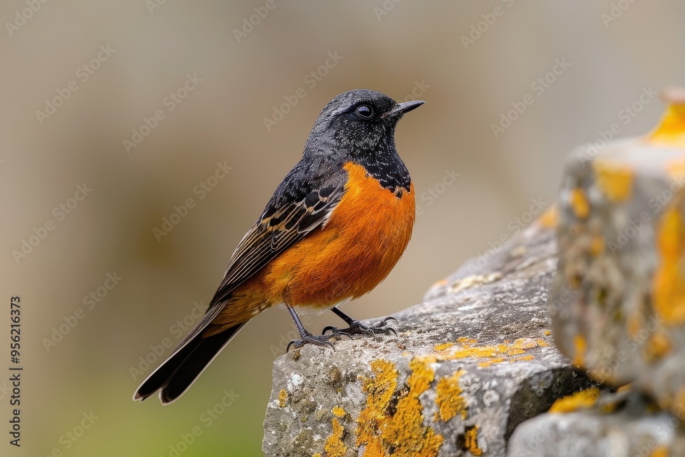 A vivid image of a common redstart perched on a stone wall, with its tail fanned out A vivid image of a common redstart perched on a stone wall, with its tail fanned out