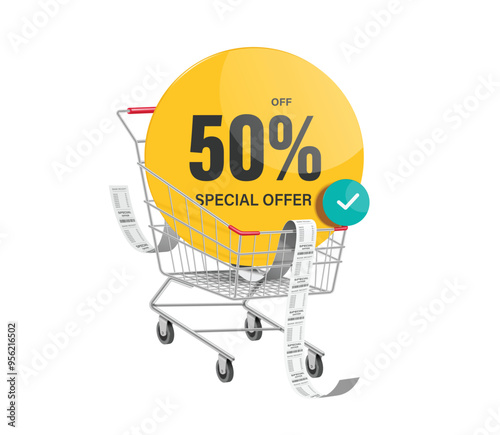 shopping advertisement, Yellow circular promotional tag label with message special offer 50% discount message placed in shopping cart with receipt paper on it, vector 3d isolated for design