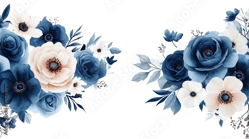 Watercolor dark blue and white floral border, with roses photo