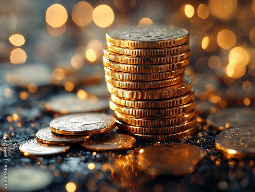Stack Money Business success growing concept, bokeh background, warm tone.