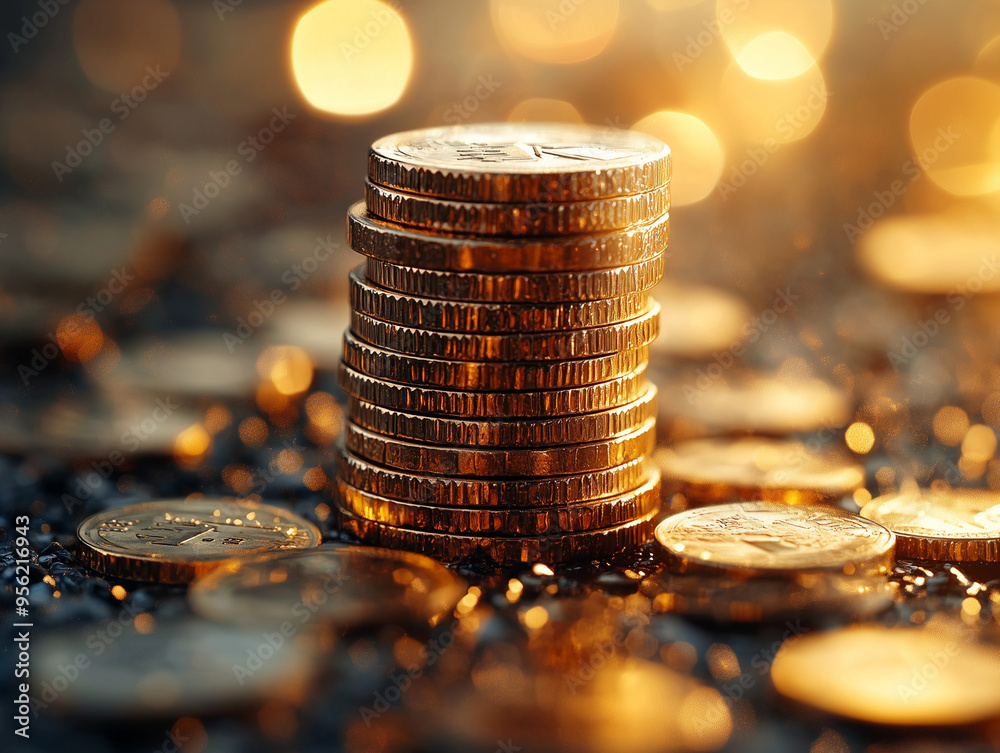 Stack Money Business success growing concept, bokeh background, warm tone.