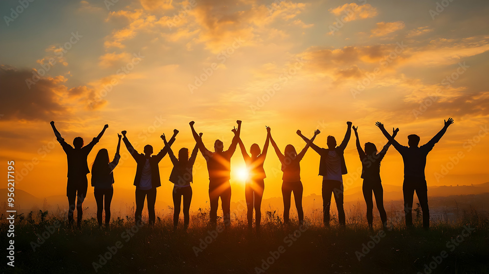 Silhouettes of Friends Celebrating Success at Sunset Silhouettes of Friends Celebrating Success at Sunset