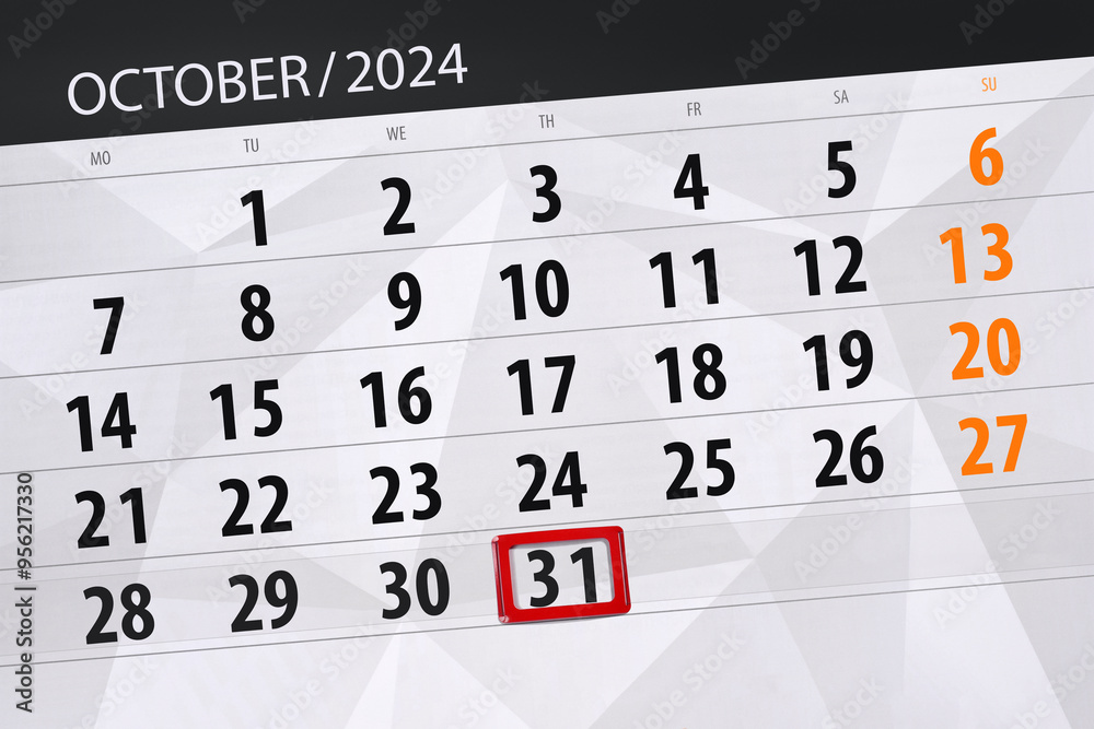 Obraz premium Calendar 2024, deadline, day, month, page, organizer, date, October, thursday, number 31