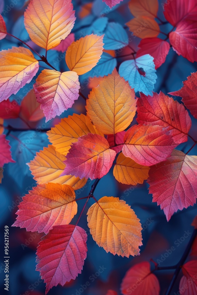 Colorful leaves growing on a branch in autumn Colorful leaves growing on a branch in autumn