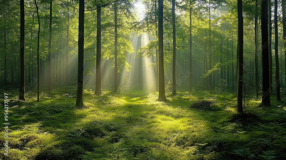 Obraz premium Sunlit forest with rays of light filtering through tall evergreen trees.