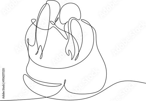 Linear drawing of a couple of girlfriends and sisters. LGBT wedding. Fashion, friendship and love concept. Black and white line drawn by hand without artificial intelligence.