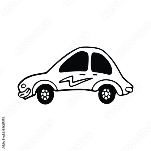 A minimalistic black and white line drawing of a small car with a rounded body and simple details.