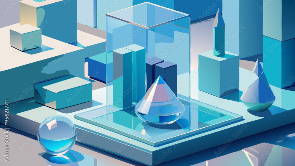 Abstract Geometric Landscape with Water Droplets in Cool Tones Abstract Geometric Landscape with Water Droplets in Cool Tones
