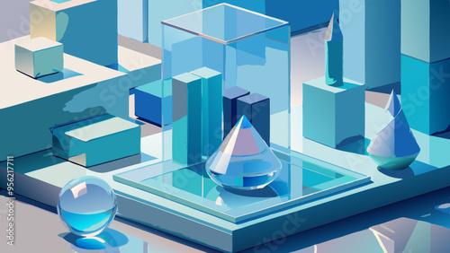 Abstract Geometric Landscape with Water Droplets in Cool Tones